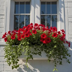 Fototapeta premium Red petunias cascading from a white-painted window box.