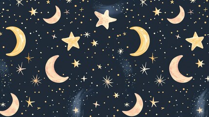 A whimsical and colorful pattern featuring a variety of stars and moons on a dark blue background, with tiny colorful dots scattered throughout.