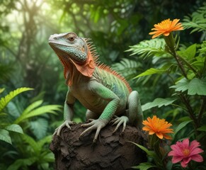 Obraz premium Banded iguana perched on a flower amidst green foliage, wildlife, plant, foliage