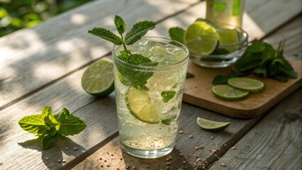 Fototapeta premium An artistic capture of a bubbly drink adorned with sprigs of mint and glistening lime wedges the bright green contrasting against the soft shades of the beverage. The glass