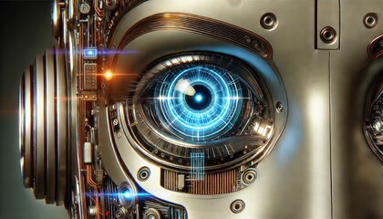 A close up view of the eye of an AI robot.