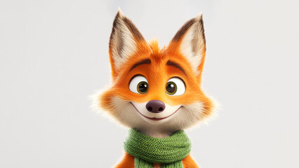 Obraz premium Friendly cartoon fox wearing a green scarf, bringing warmth and cheer with a charming smile