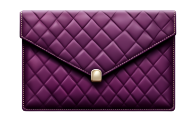   Violet quilted leather women's clutch bag, isolated on a transparent background. PNG