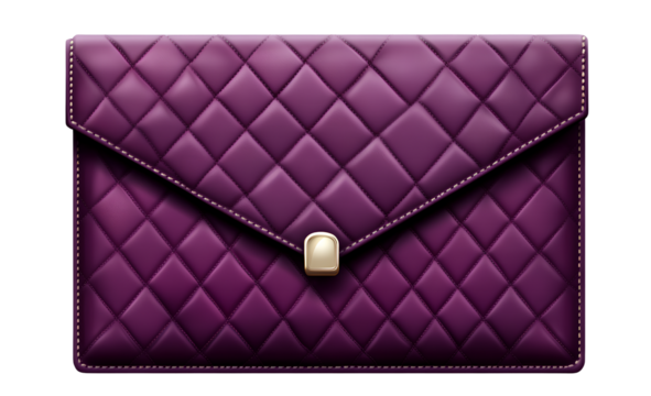 Violet quilted leather women's clutch bag, isolated on a transparent background. PNG