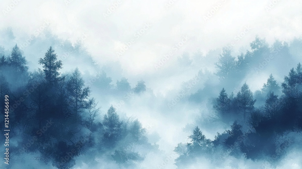 Poster a serene landscape unfolds with towering trees concealed by swirling mists, creating a mystical atmo