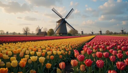 Dutch Windmills and Tulips at Sunrise