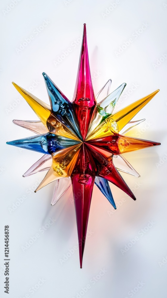 Poster glass star sculpture showcasing a spectrum of vibrant colors, creating a captivating visual display