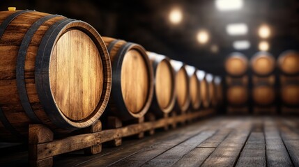 A captivating arrangement of wooden barrels aligned in a stylish rustic space, showcasing their textures and lending an inviting atmosphere suitable for wine enthusiasts or distillers.
