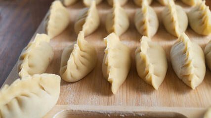 Chinese dumplings on a wooden board. Gyoza on a wooden board close-up