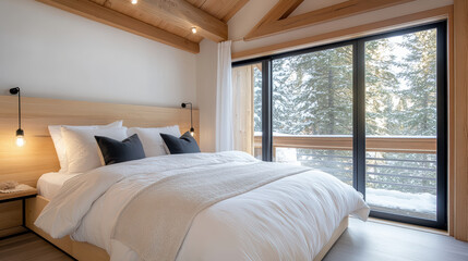Cozy bedroom with layered bedding and warm ambiance, featuring large windows