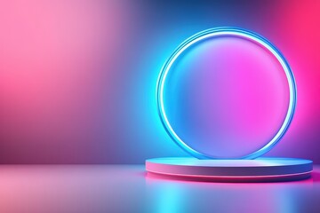 Obraz premium Neon Circle and Platform: Vibrant Pink and Blue Background for Product Display.