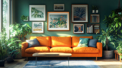 Stylish Living Room Interior with Vibrant Orange Living Room