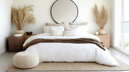 Elegant bedroom with large mirror, stylish decor, and cozy ambiance