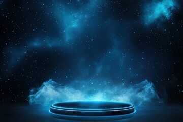 Futuristic Neon Platform in a Cosmic Nebula Background.