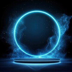 Fototapeta premium Futuristic Blue Neon Circle and Platform Background.