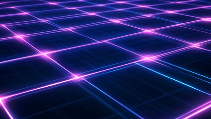Glowing neon lines form a futuristic grid, creating squares of light in a digital world