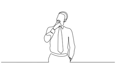 Continuous line drawings of a young Businessman thinking idea, Continuous line drawing businessman thinks, decides, idea, business icon vector illustration concept.