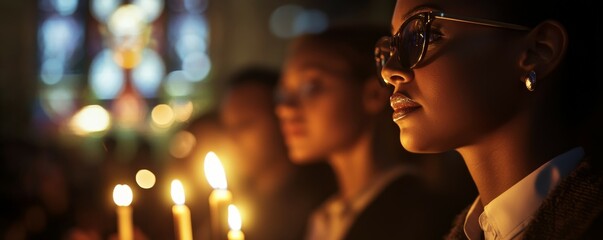 Devout worshippers holding candles during an Easter vigil service, light reflecting on serene faces and church stained glass