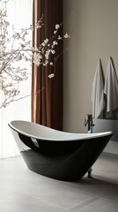 Elegant and modern black bathtub placed in a bathroom with ceramic tiles and a blooming tree branch near brown curtains and white towels
