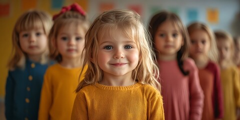 A cheerful group of children standing in line at a daycare, symbolizing childhood, education, and social interaction. Perfect for parenting, education, and lifestyle themes.