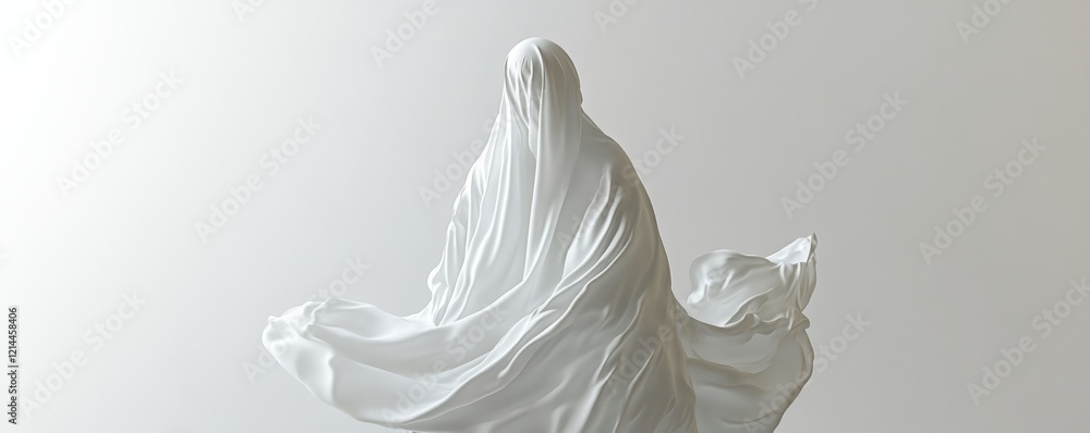 Poster white fabric flowing in the wind creating a mysterious figure resembling a ghost, on a light backgro