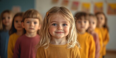 A cheerful group of children standing in line at a daycare, symbolizing childhood, education, and social interaction. Perfect for parenting, education, and lifestyle themes.