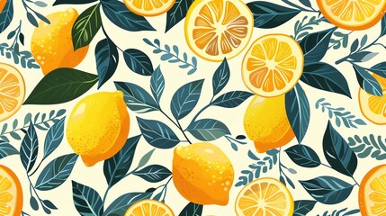 A seamless pattern with lemons, leaves and sprigs on a pale yellow background.