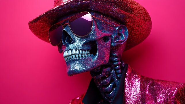 Stylish skeletal figure wearing sparkling accessories, posing against vivid pink backdrop, merging fashion with mortality's edgy aesthetic