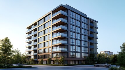 Obraz premium A modern building with exterior wall panels in light brown and dark blue colors