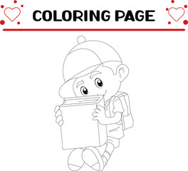 little boy is holding big red book with hands coloring page for kids