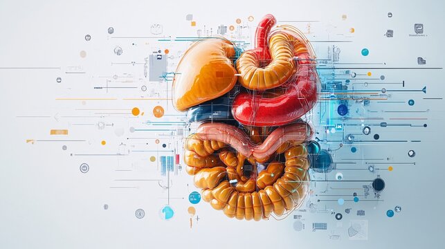 Anatomical illustration of the digestive system, labeled organs with arrows showing digestion stages, colorful and educational, white backdrop.