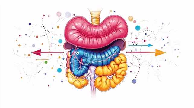 Anatomical illustration of the digestive system, labeled organs with arrows showing digestion stages, colorful and educational, white backdrop.