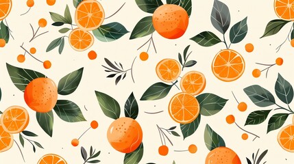 Seamless pattern with orange fruit and leaves on a light background.