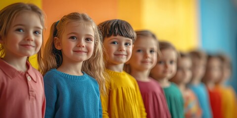 Obraz premium A cheerful group of children standing in line at a daycare, symbolizing childhood, education, and social interaction. Perfect for parenting, education, and lifestyle themes.