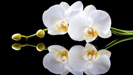 Fototapeta premium Closeup of white orchid flowers reflecting on a black background, creating a peaceful and elegant atmosphere