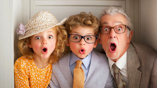 Grandfather, grandson and granddaughter are hiding in a closet together, making surprised faces