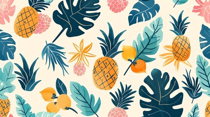 A bright and tropical pattern featuring pineapples, oranges, and blue leaves on a white background.