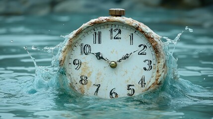 Vintage alarm clock submerged underwater, symbolizing the concept of time and its fleeting nature.

