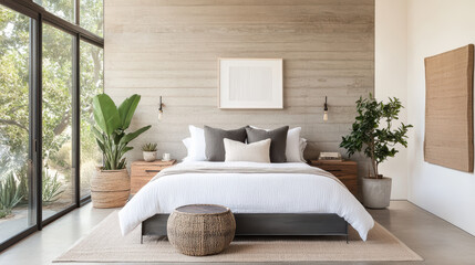 Modern bedroom with natural light, plants, and minimalist decor