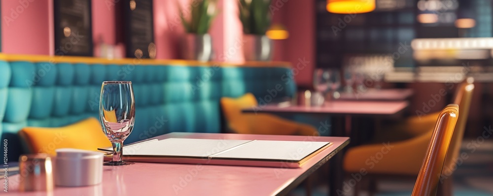 Poster Creative workspace setup with blank notepad and coffee on a pink background