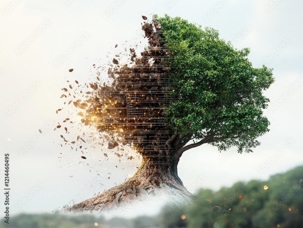 Poster surreal transformation of tree into digital particles representing nature interacting with technolog