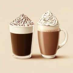 Two creamy hot chocolate drinks, studio shot, beige background, beverage menu use