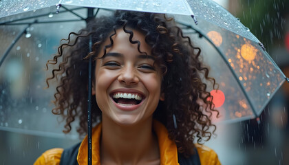 Joyful Woman Under Umbrella in Rainy City Night. A happy young woman with curly hair laughs under a transparent umbrella during a rainy night in a city