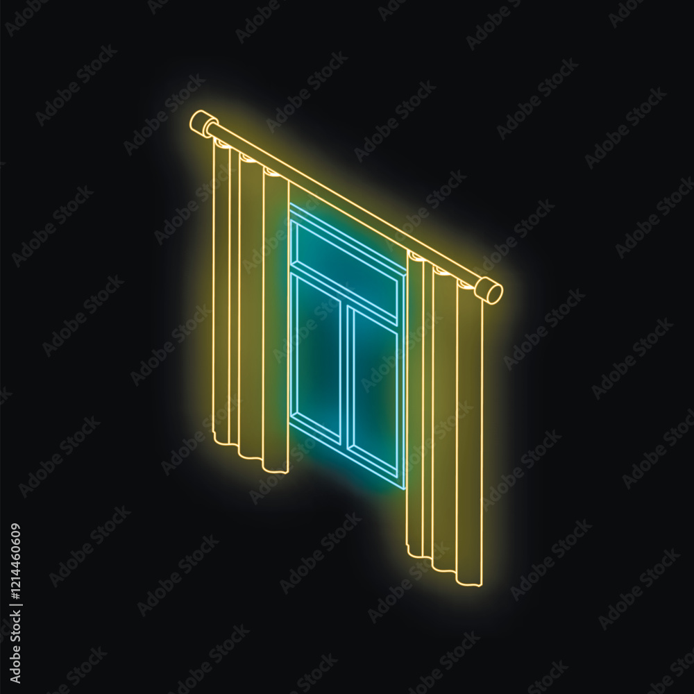 Poster isometric view of glowing neon window with curtains, creating a modern and stylish atmosphere
