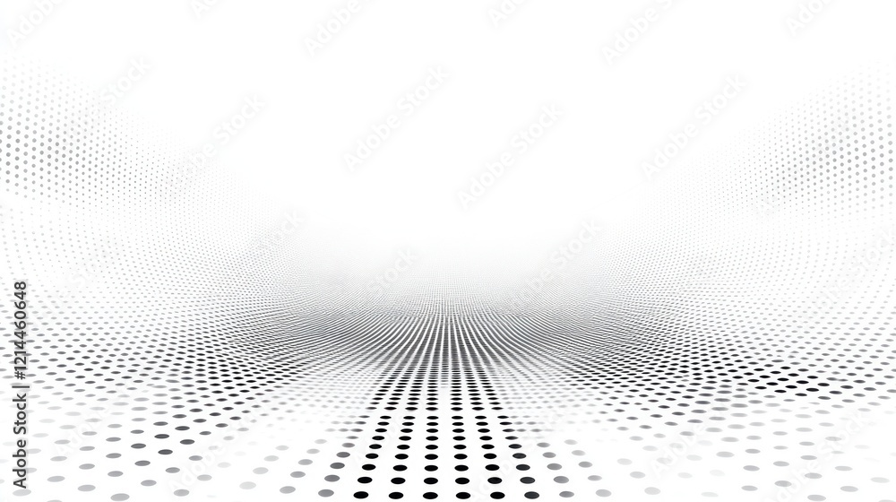Poster abstract halftone dots perspective: a grayscale digital art piece featuring a curved halftone patter