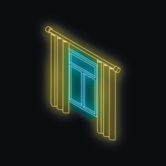 Isometric view of glowing neon window with curtains, creating a modern and stylish atmosphere
