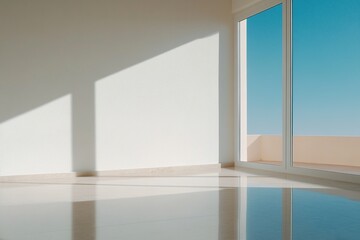 Empty modern room with large windows showcasing bright blue sky and sunlight filtering in