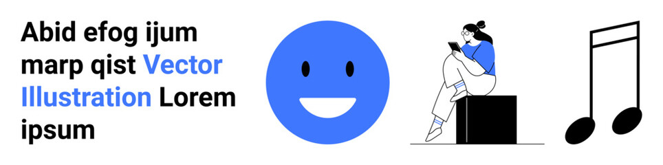 Text in black, a large blue happy face, person sitting on a box using a phone, musical note. Ideal for digital art, social media posts, presentation themes, design inspiration, mood representation