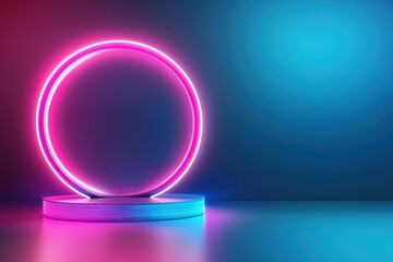 Fototapeta premium Neon Circle Light Frame with Product Display Platform.