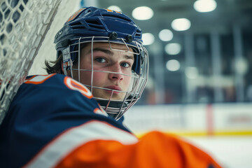 male ice hockey player is shown up close in full gear, his focused expression perfect for advertising sports equipment and safety gear.